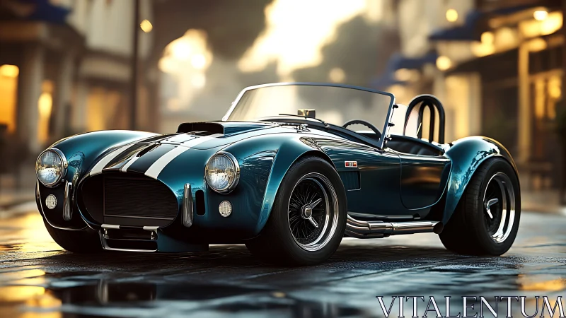 Classic blue roadster reflects wet city street at sunset