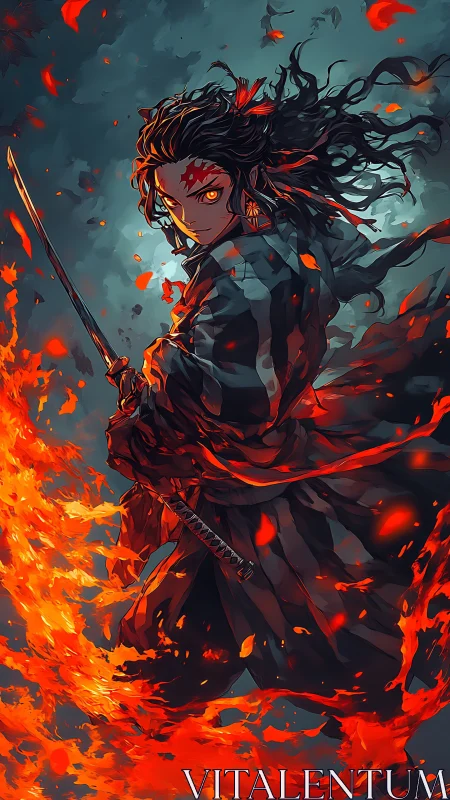 Firelit swordsman locked between storm clouds and embers.