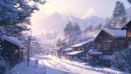 Snow-laden village street under diffuse alpine backlight in winter