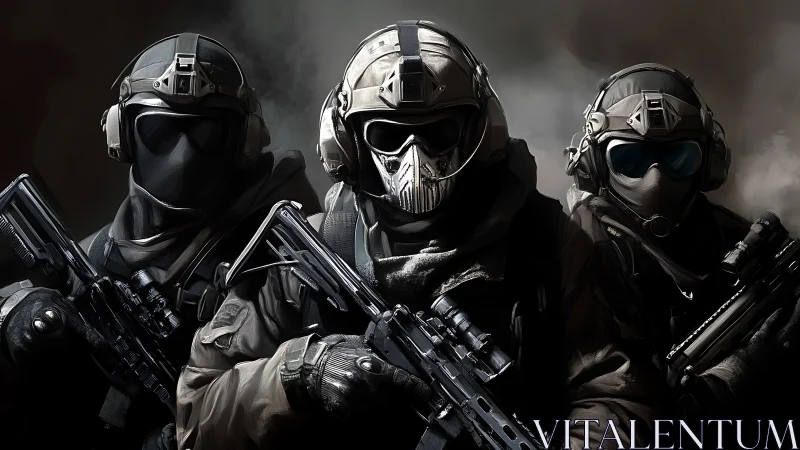 Armored tactical soldiers with rifles in dark environment.
