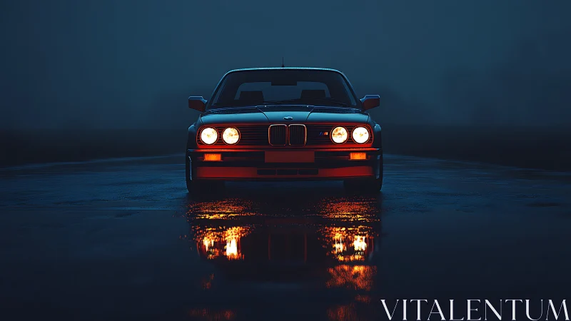 Classic BMW coupe on wet night road with headlight reflections.