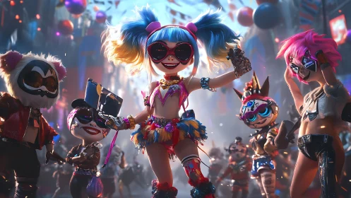 Colorful cyberpunk street party with stylized dancers.