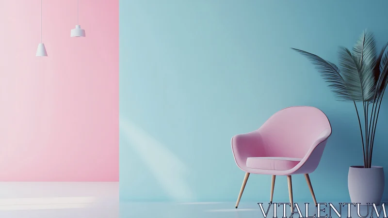 Pink accent chair in pastel blue and pink minimal interior.