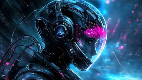 Neon-lit space pilot gazes ahead in a glowing cyber suit