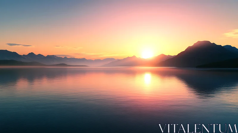 Serene sunrise glows over glassy lake and distant mountains