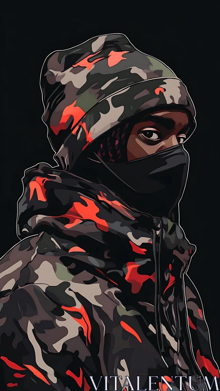Vector portrait of masked figure in red-accent urban camouflage outerwear