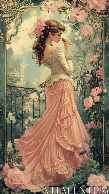 Victorian-style woman in pink gown in ornate garden setting.