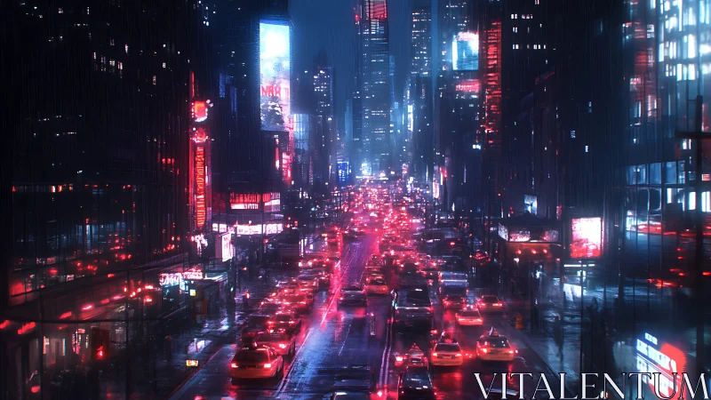 Neon city avenue glows under rain soaked night traffic.