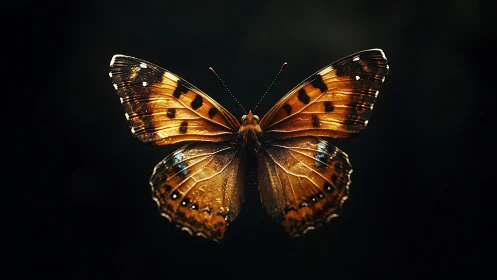 Golden butterfly wings glow softly against dark void.