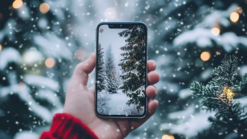 Snowy forest magic captured through a cozy winter phone.