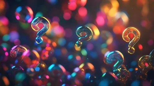 Glowing glass question marks amid neon bokeh haze.