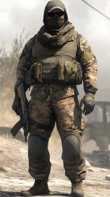 Heavily armed soldier stands in desert combat environment