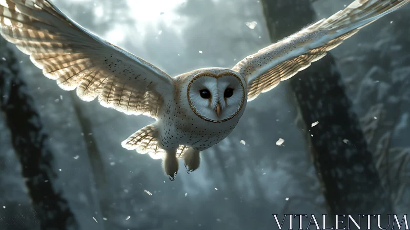 Majestic barn owl in flight through misty winter forest, digital art.