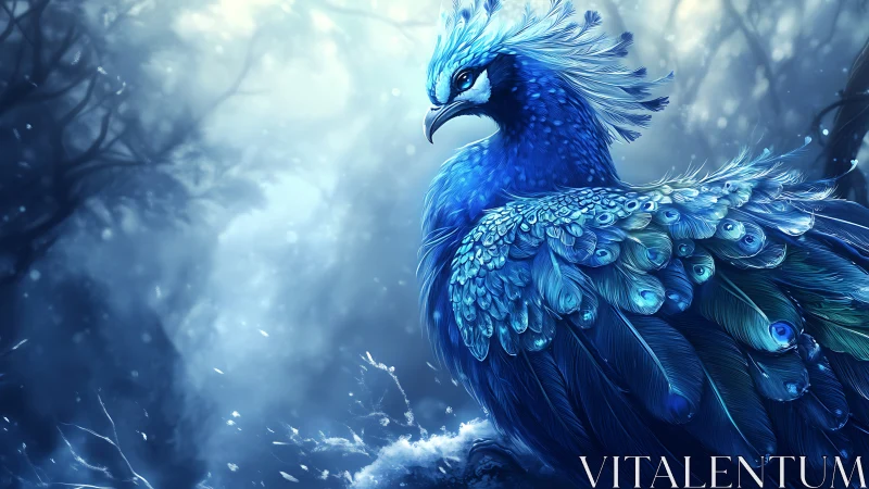 Majestic Blue Peacock in Enchanted Forest, Fantasy Digital Art.