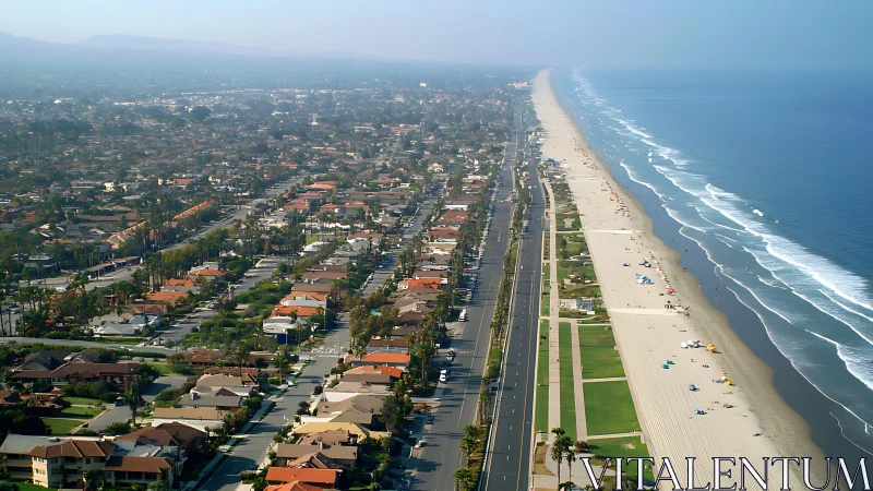 Coastal highway borders dense suburban grid and wide beach.
