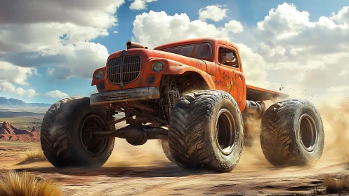 Rusty off-road monster truck powers through desert dust.