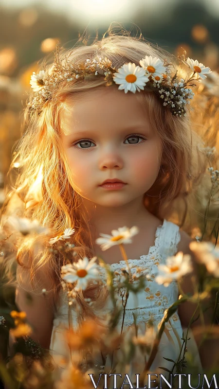 Luminous Child Portrait with Daisy Crown in Golden Hour Field.