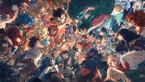 Heroic clash erupts in swirling anime cosmos of color and fire.