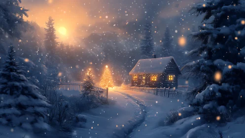 Snowlit cabin glow under a storybook winter moonrise.