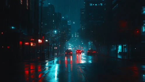 Rainy urban street with cars and neon reflections at night.