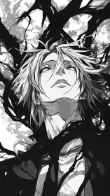 Upward anime portrait entwined with abstract monochrome branches