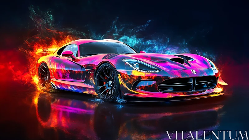Neon sports car blazes through electric flames at night.