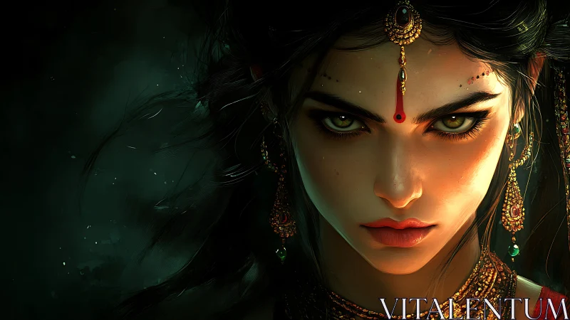 Storm-lit warrior queen with jewel-lit gaze and shadows.