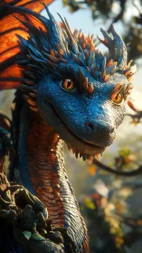 Gentle blue dragon smiles warmly in a sunlit forest glade