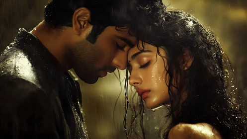 Intimacy in Rain: Two Figures with Wet Hair and Wet Skin Rendered in Warm Cinematic Lighting