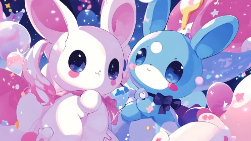 Two pastel chibi animals float amid balloons and star shapes