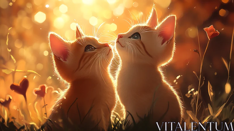 Two Kittens Gazing Upward in Golden Sunlight.