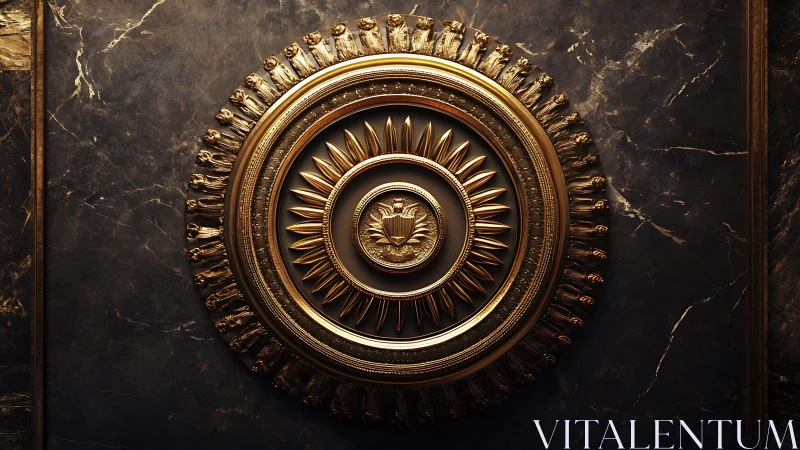 Golden sunburst medallion glows against dark marble wall
