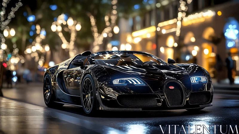 Black hypercar parked on illuminated city street at night.