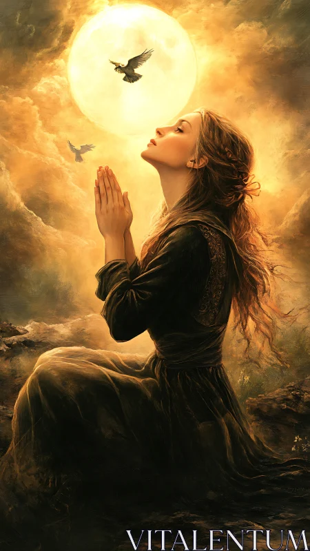 Golden prayer under a glowing moon welcomes quiet hope