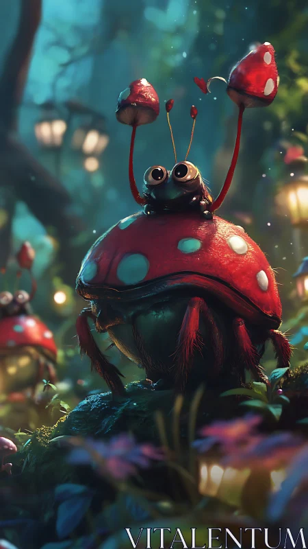 Mushroom-crowned ladybug creature surveys glowing forest