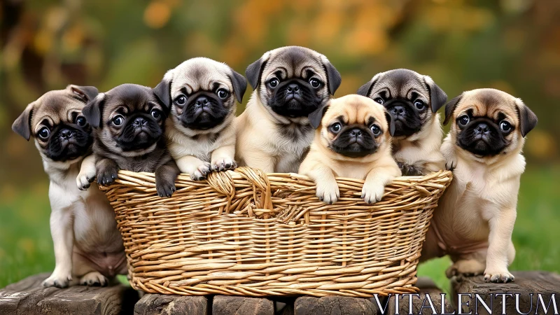 Basket of snuggly pug puppies sharing big curious eyes.