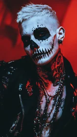 Portrait of skull makeup figure in red studio lighting.