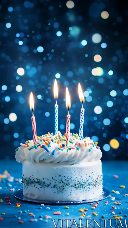 Birthday Cake with Lit Candles Against Blue Bokeh.