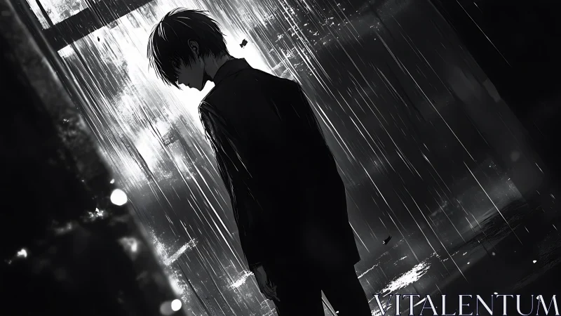 Solitary anime boy stands in stark monochrome rainstorm.