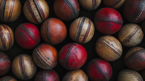 Vintage leather cricket balls arranged in rich colors.