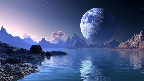 Lunar-dominated exoplanet seascape under crystalline twilight.