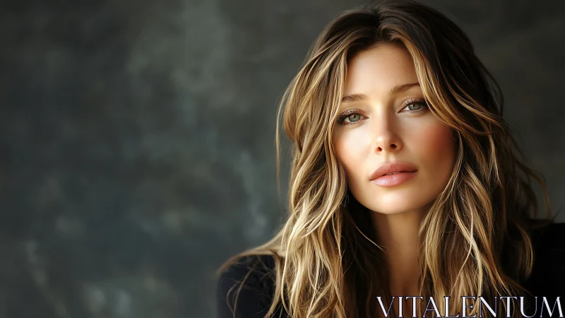 Portrait captures serene woman against soft dark backdrop