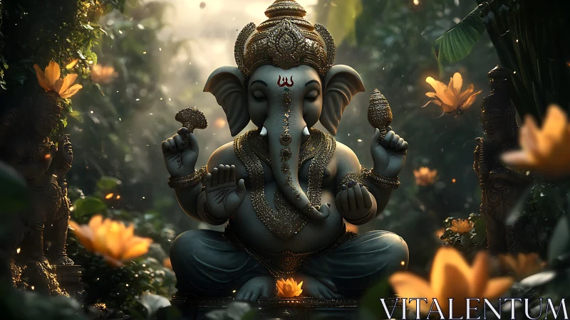 Ganesh statue in lush forest environment with warm light.