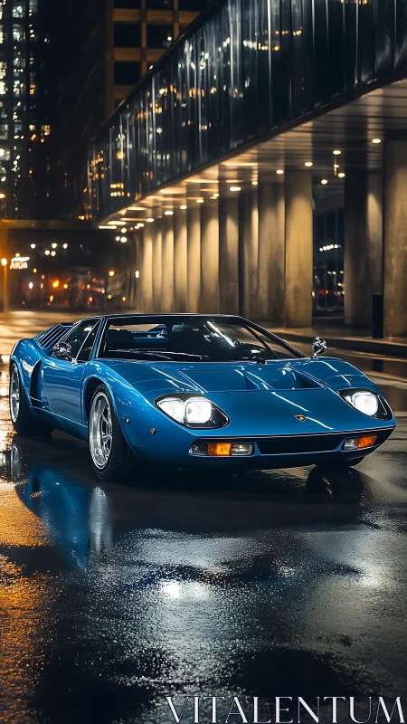 Midnight blue supercar prowls neon-washed corporate canyons.