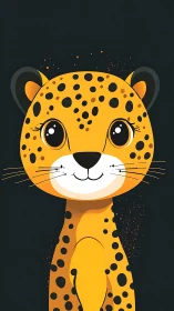 Smiling cartoon cheetah on dark minimalist background.