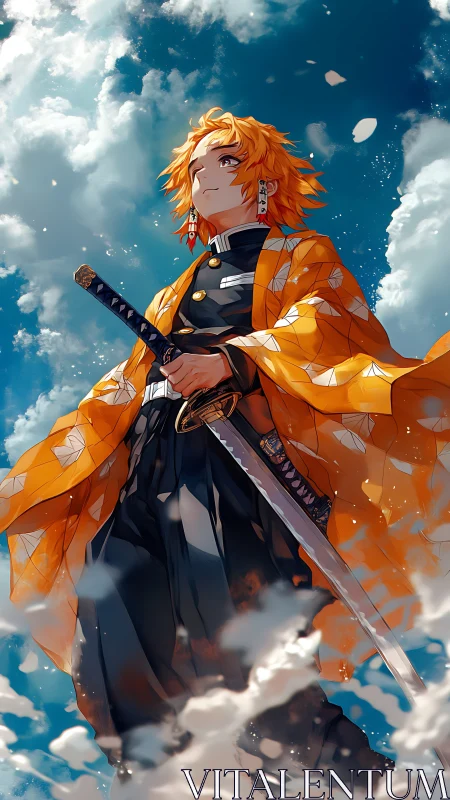 Sword warrior stands beneath luminous drifting clouds