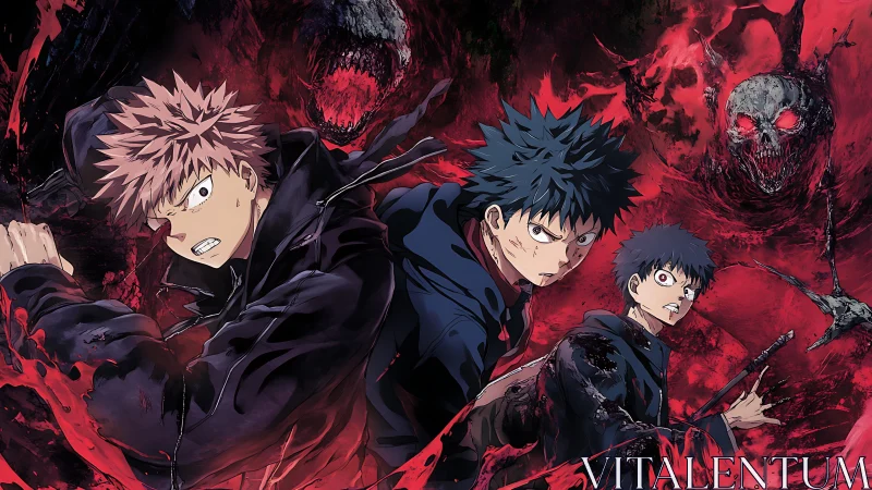 Three anime fighters with red spectral creatures in background.