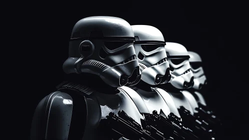 Row of armored sci‑fi soldiers stands in lateral alignment