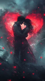 Couple in Fiery Heart Silhouette with Particle Effects.