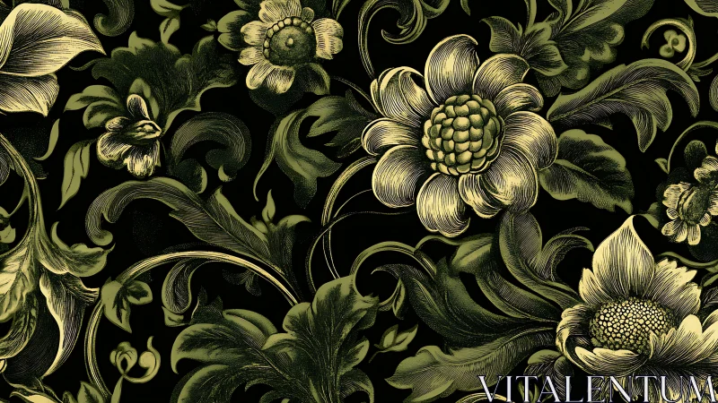 Golden Botanical Dance: Ornate Flowers in Emerald Tapestry.